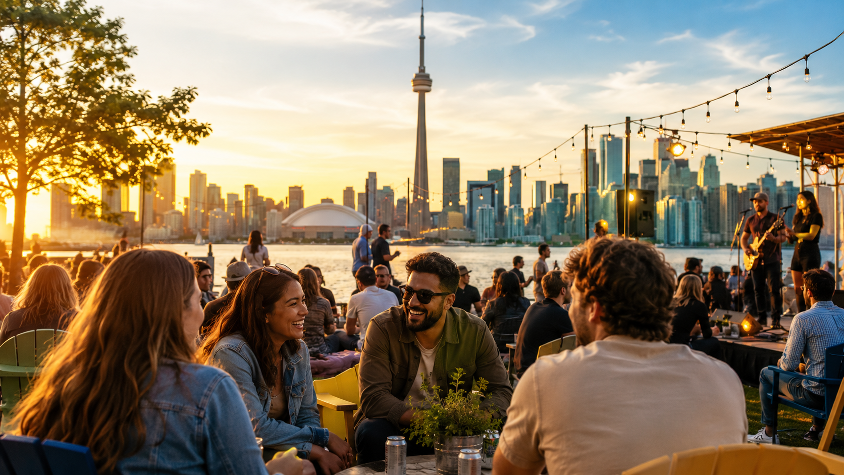 Free waterfront gathering with music and Toronto skyline at sunset