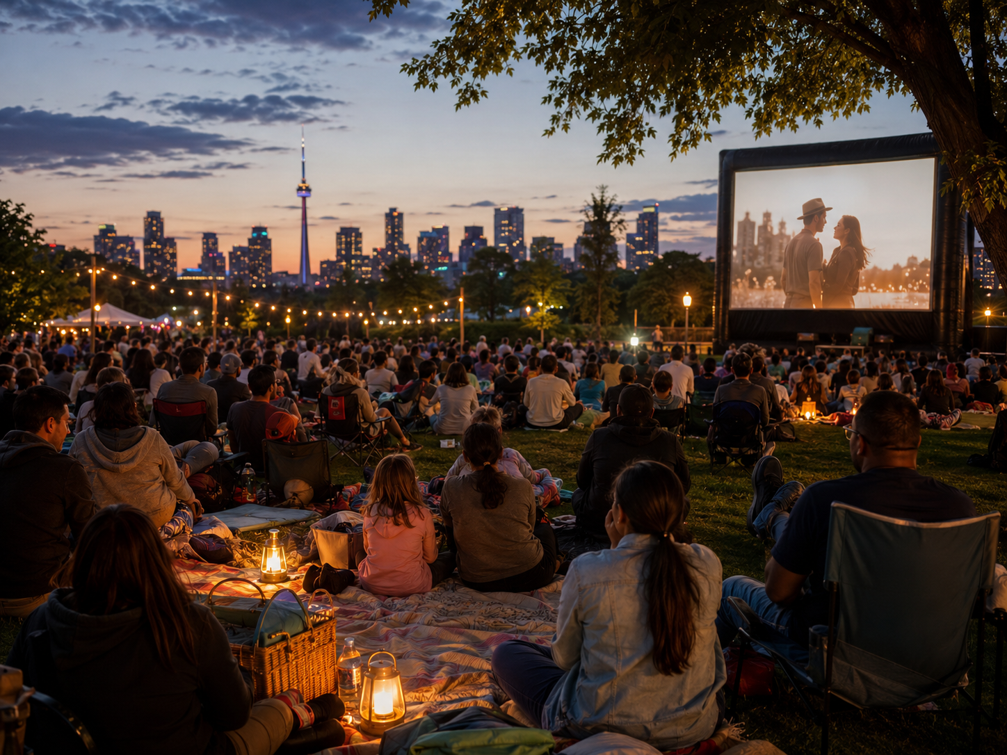 Outdoor movie night in Toronto with skyline views