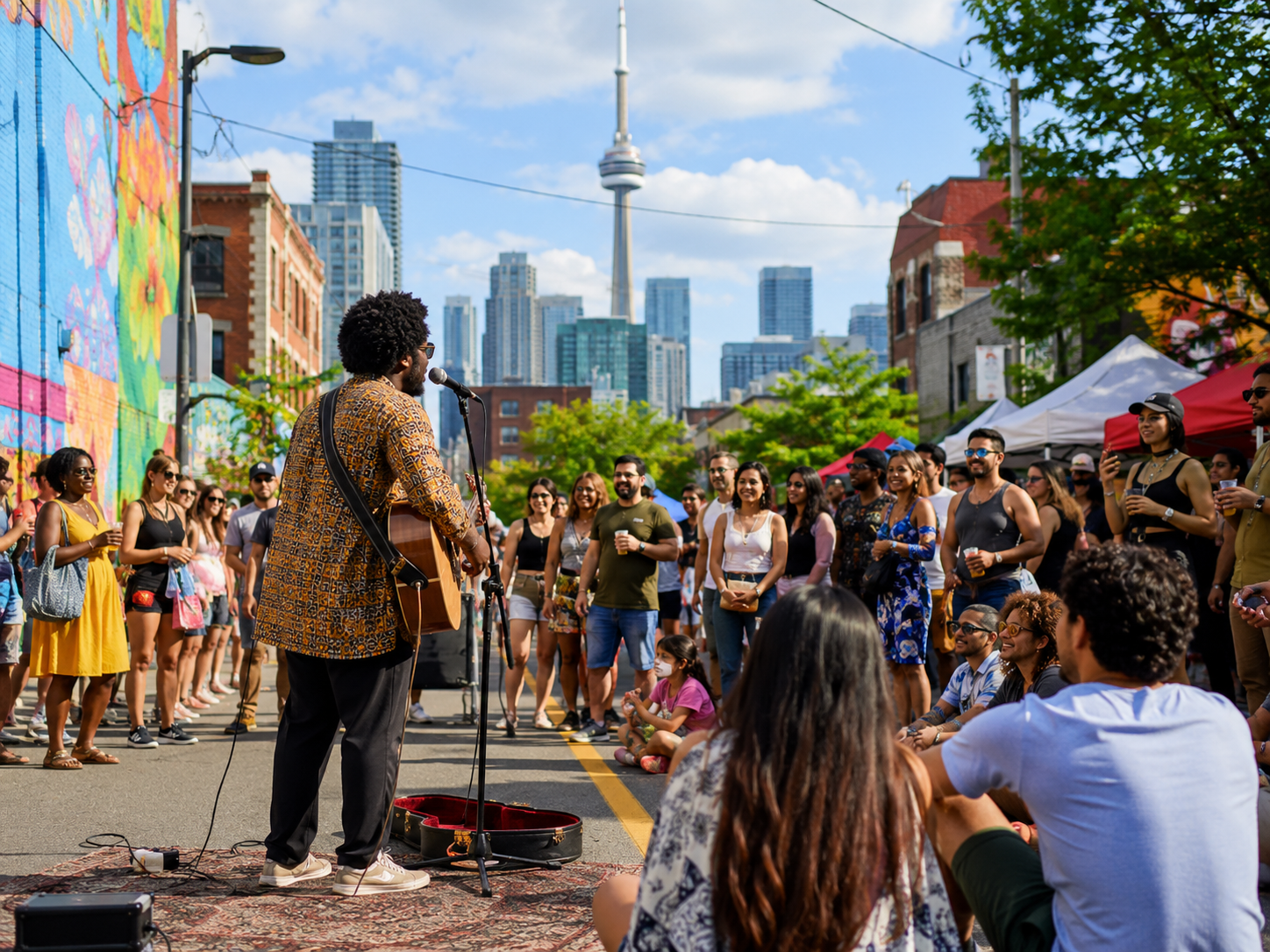 Street performer entertaining a Toronto crowd near a colourful mural