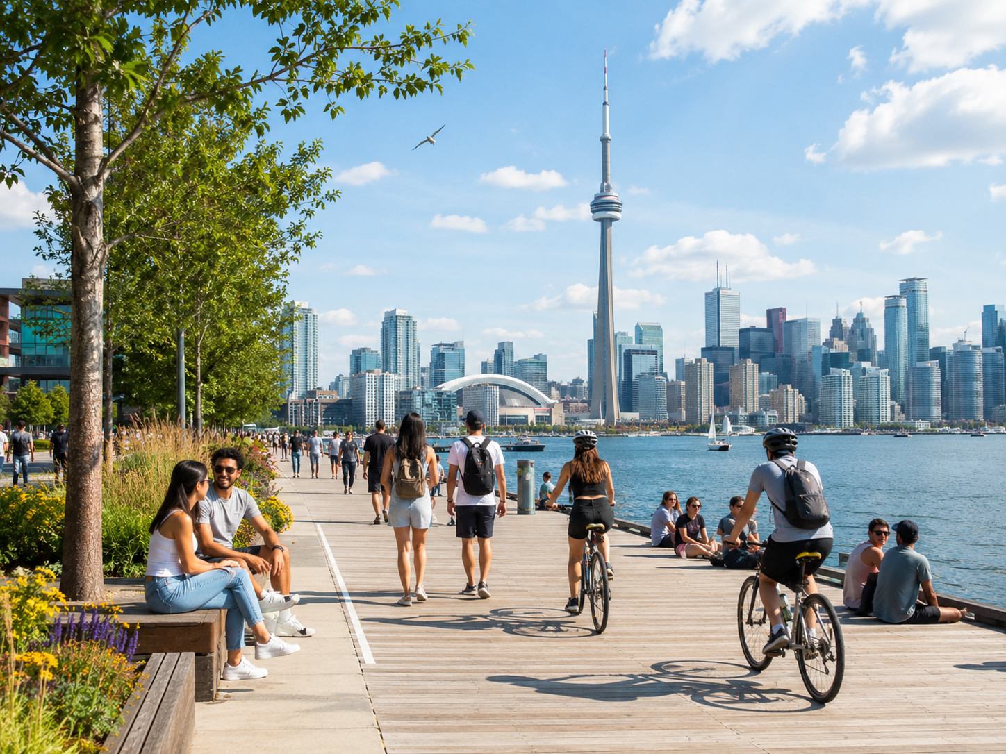 People enjoying Toronto's waterfront promenade with skyline views